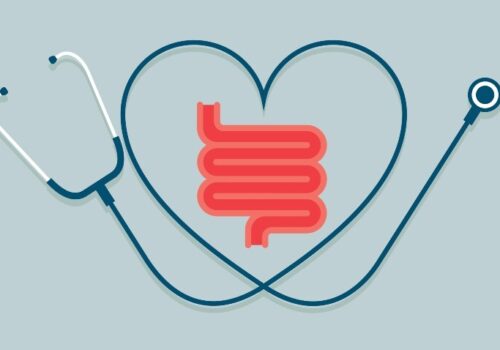 A digital illustration of a red intestine on a light teal background surrounded by a teal stethoscope with the cord in the shape of a heart