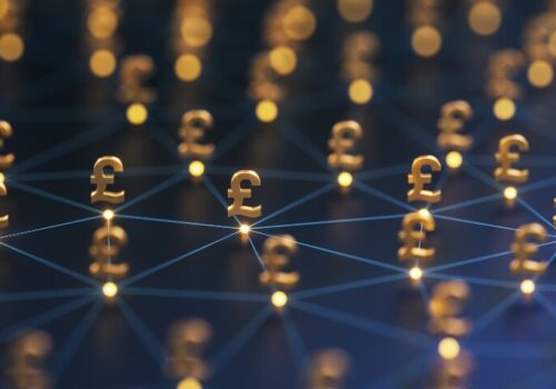 Gold British pound symbols on glowing dots connected by light blue lines on a dark blue background to illustrate the finding that early full milk feeding shows modest healthcare cost advantages in preterm infants
