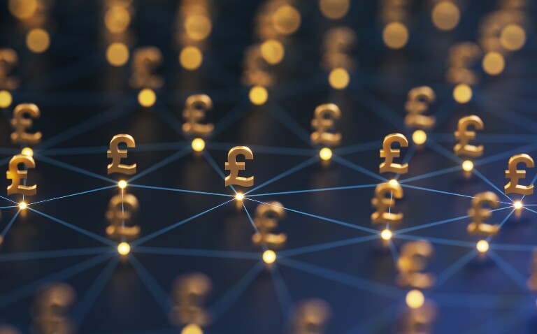 Gold British pound symbols on glowing dots connected by light blue lines on a dark blue background to illustrate the finding that early full milk feeding shows modest healthcare cost advantages in preterm infants