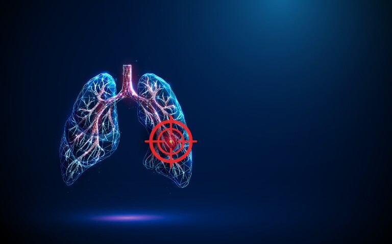 Abstract blue lungs with red human bronchial tree and red target sign to illustrate dupilumab being recommended by NICE as the first targeted treatment for uncontrolled COPD