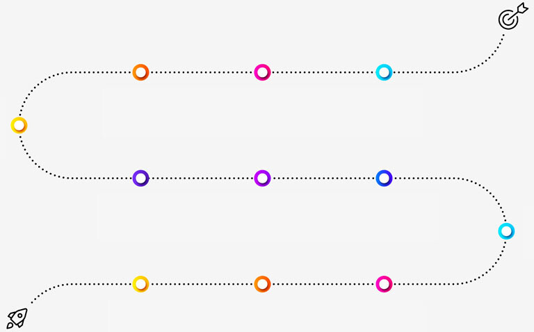 A dotted line with eleven coloured circles at regular intervals and a rocket at the start and a target at the end to illustrate a new EULAR framework for assessing disease activity in adult-onset Still's disease