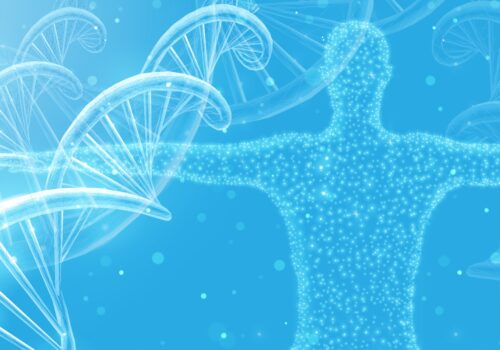 Abstract illustration of a glowing human silhouette made of light particles with arms outstretched, surrounded by large DNA double helix strands on a blue background to illustrate the finding that genetic trajectories in childhood BMI are linked to later cardiometabolic risk
