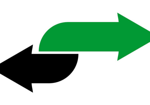 A black arrow pointing left and a longer green arrow pointing right to illustrate the latest event on biosimilar switching