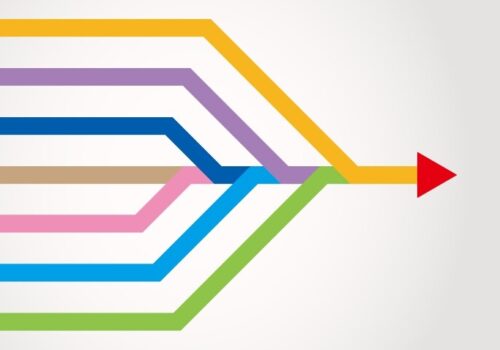 Different coloured lines merging into one line with an arrowhead to illustrate a global consensus redefining vitiligo severity beyond skin extent to include psychosocial burden