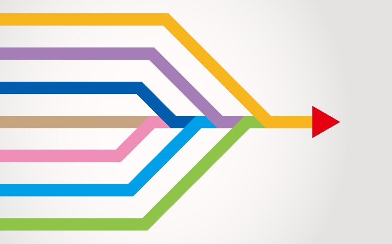 Different coloured lines merging into one line with an arrowhead to illustrate a global consensus redefining vitiligo severity beyond skin extent to include psychosocial burden