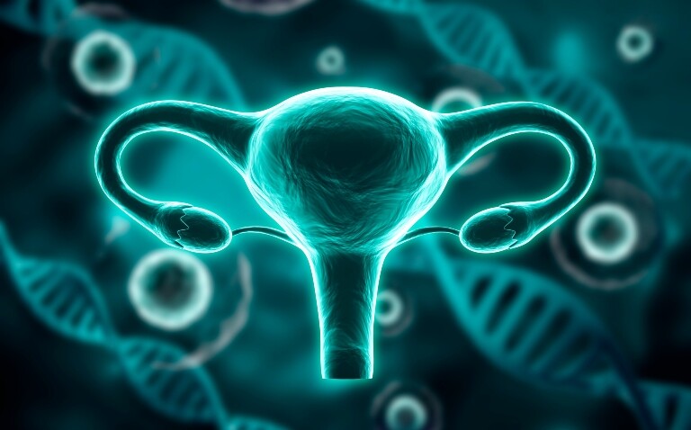 A digital illustration of a female reproductive system with DNA strands out of focus in the background to illustrate high-risk ovarian cancer surveillance versus surgery with insights into ROCA testing