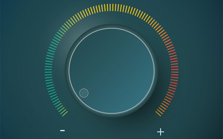 A volume dial turned down to the lowest level