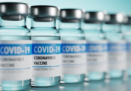 A row of Covid-19 vaccine vials