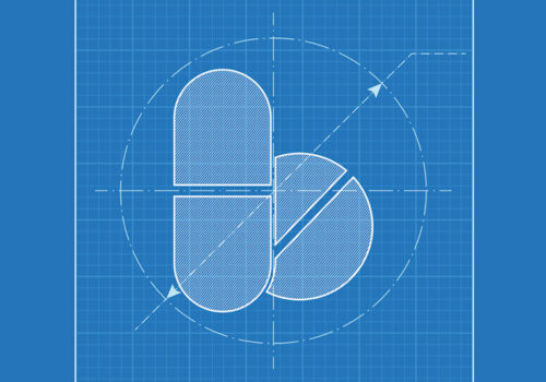 A blueprint drawing of a capsule and a tablet to illustrate that a molecular map of thromboxane receptor activation provides blueprint for future therapies