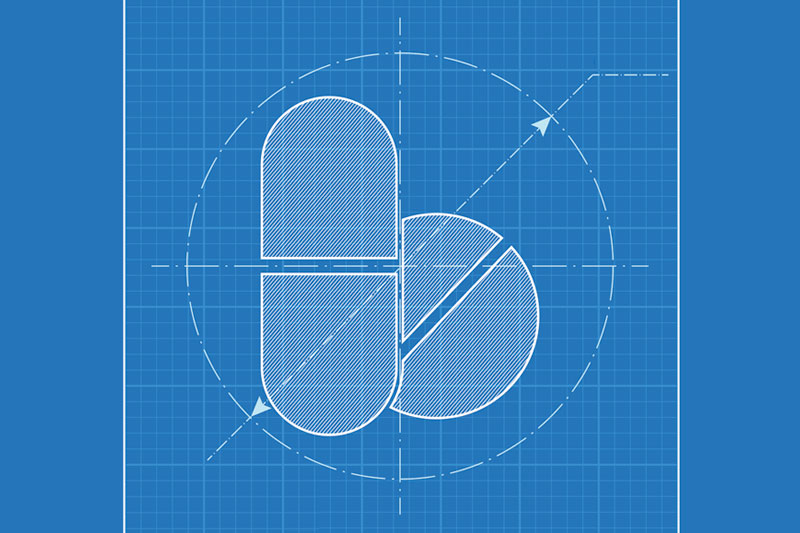 A blueprint drawing of a capsule and a tablet to illustrate that a molecular map of thromboxane receptor activation provides blueprint for future therapies