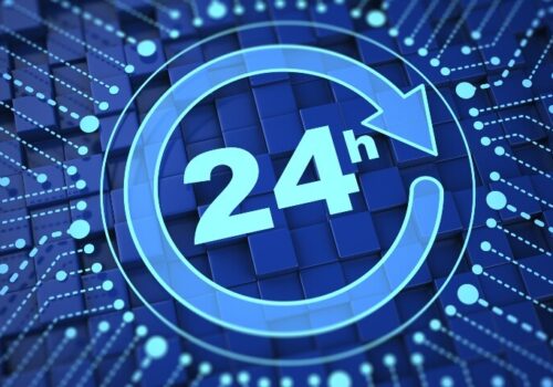 24h surrounded by a circle with an arrow head on a blue digital grid background with circuit-like lines and dots to represent continuous 24-hour monitoring of ambulatory blood pressure for baxdrostat in resistant hypertension
