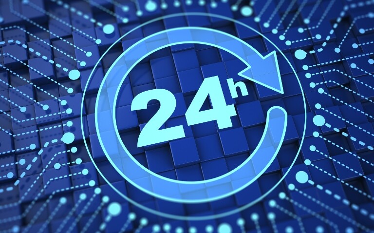 24h surrounded by a circle with an arrow head on a blue digital grid background with circuit-like lines and dots to represent continuous 24-hour monitoring of ambulatory blood pressure for baxdrostat in resistant hypertension