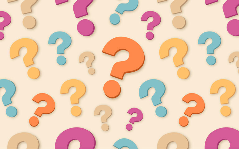 A series of question marks in pink