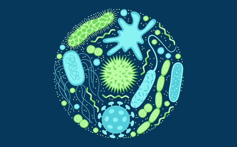 Viruses and bacteria icons set isolated on a blue background to illustrate the finding that obesity is associated with one in 10 deaths from infection