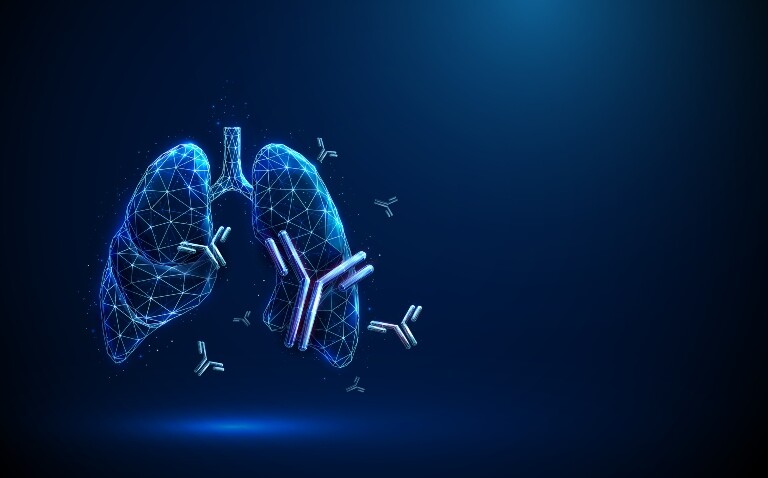 A digital illustration of a wireframe pair of human lungs surrounded by monoclonal antibodies to illustrate research looking into real-world evidence for severe asthma biologics