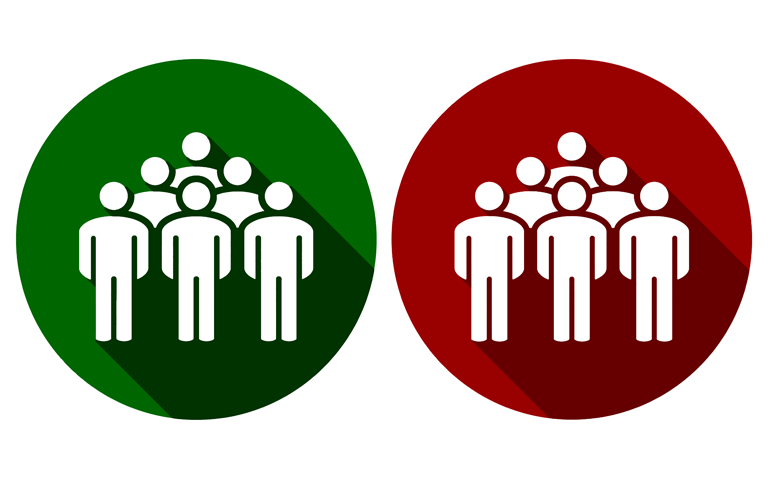 A green circle with a pyramid of six people inside and the same in red on the right hand side to illustrate the impact that previous biologic exposure has on drug survival and treatment selection in psoriasis