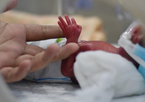 A premature baby in an incubator with a parent's hand holding theirs to illustrate the impact of prophylactic hydrocortisone on BPD-free survival in extremely preterm infants