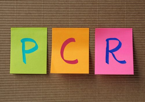 Green, orange and pink post-it notes in a row with a letter from PCR on each of them in blue, pink and dark blue to illustrate rapid diagnostics