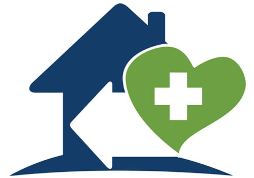 Simple icon showing a blue house outline with an arrow inside coming from a green heart with a white medical cross