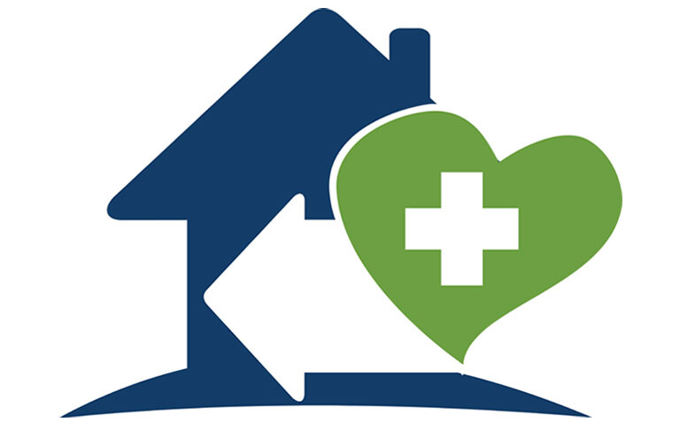 Simple icon showing a blue house outline with an arrow inside coming from a green heart with a white medical cross