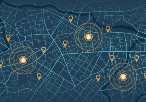 A digital illustration of a city map with pin points highlighted in orange and three human figures highlighted in concentric circles to illustrate the finding that socioeconomic deprivation is linked to increased risk and disease activity in Sjögren disease
