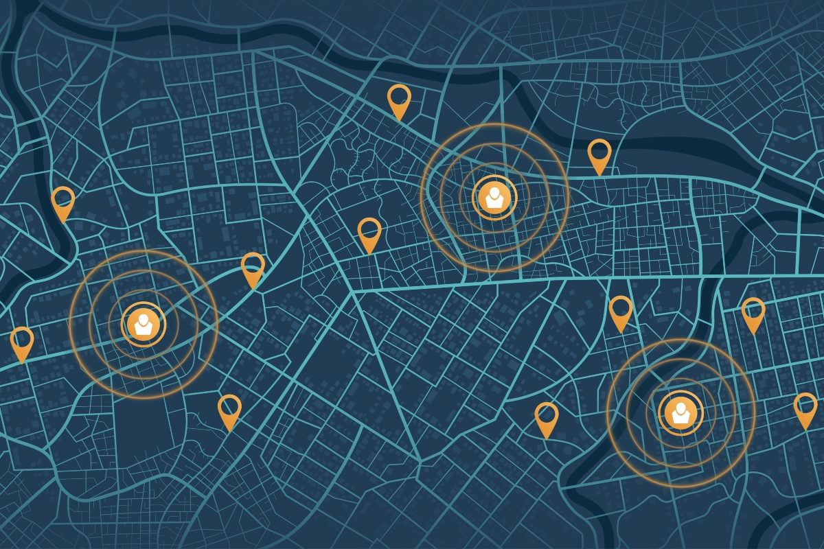 A digital illustration of a city map with pin points highlighted in orange and three human figures highlighted in concentric circles to illustrate the finding that socioeconomic deprivation is linked to increased risk and disease activity in Sjögren disease