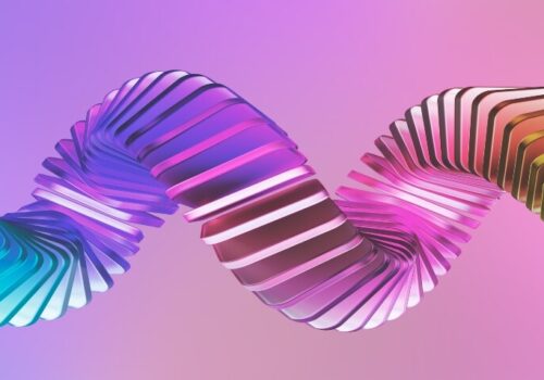 3d rendering. Interwoven ribbons with smooth transitions from blue and purple to pink