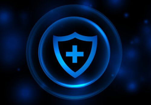 A digital illustration of a shield with a medical cross in the centre and multiple protecting layers of circles around it to illustrate that a targeted AMS programme has reduced broad-spectrum antibiotic use without compromising clinical outcomes