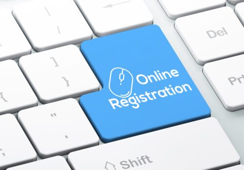 A close up of a blue return button on a white computer keyboard with a mouse icon and the words online registration to illustrate three weeks to go to register for Clinical Excellence in Respiratory Care