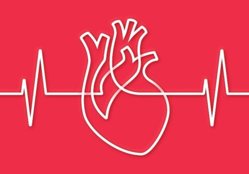 An ECG heart trace in white on a red background merging into a single line drawing of a human heart in the centre to illustrate unified hierarchical standards for heart failure outcomes being established