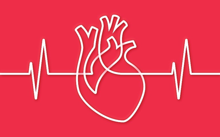 An ECG heart trace in white on a red background merging into a single line drawing of a human heart in the centre to illustrate unified hierarchical standards for heart failure outcomes being established