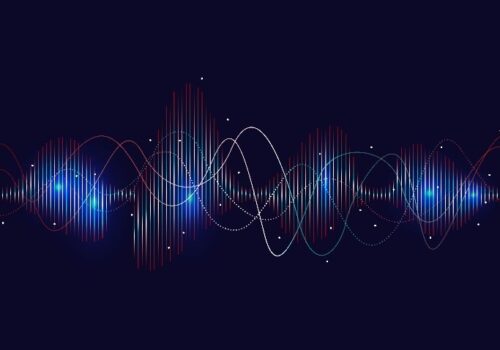 Glowing sound wave with dotted frequency lines to illustrate the finding that radio waves can accurately detect respiratory diseases
