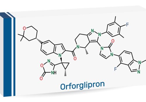 Illustration of a medication box labeled ‘Orforglipron’ displaying the drug’s complex chemical structure on the front, representing the oral weight-loss medication