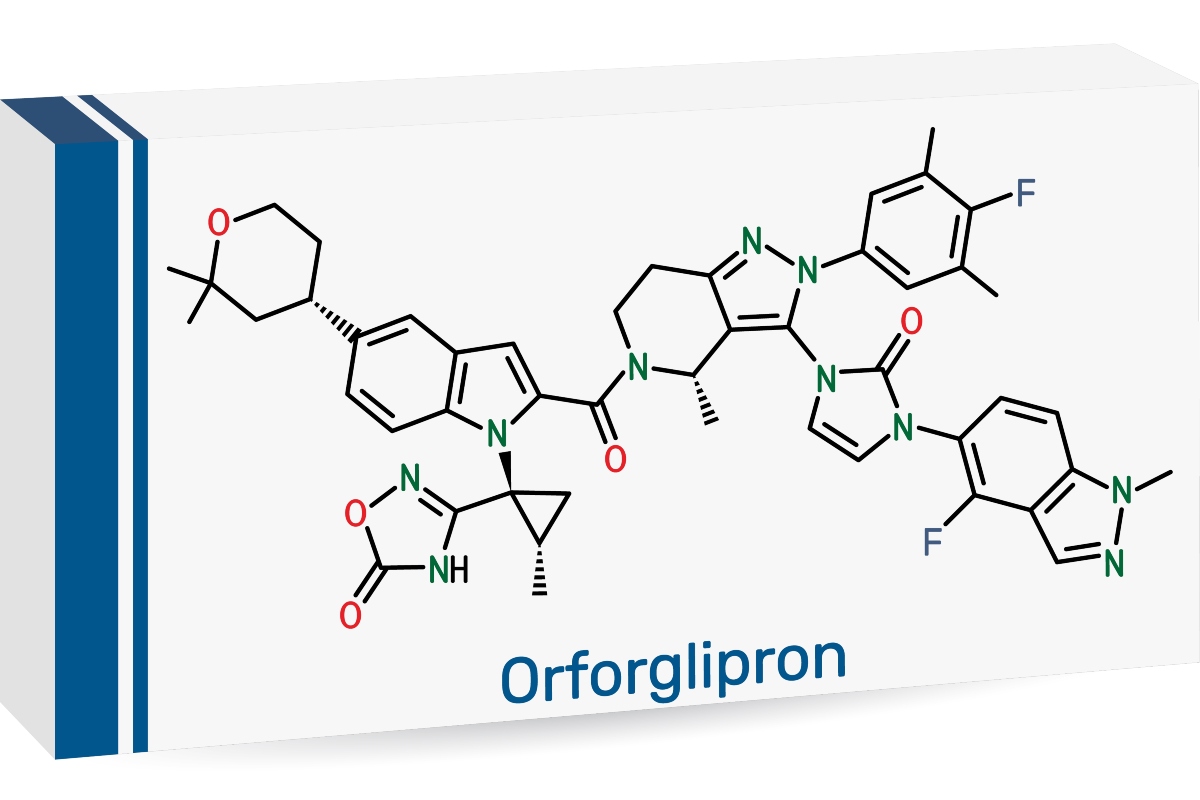 Illustration of a medication box labeled ‘Orforglipron’ displaying the drug’s complex chemical structure on the front, representing the oral weight-loss medication
