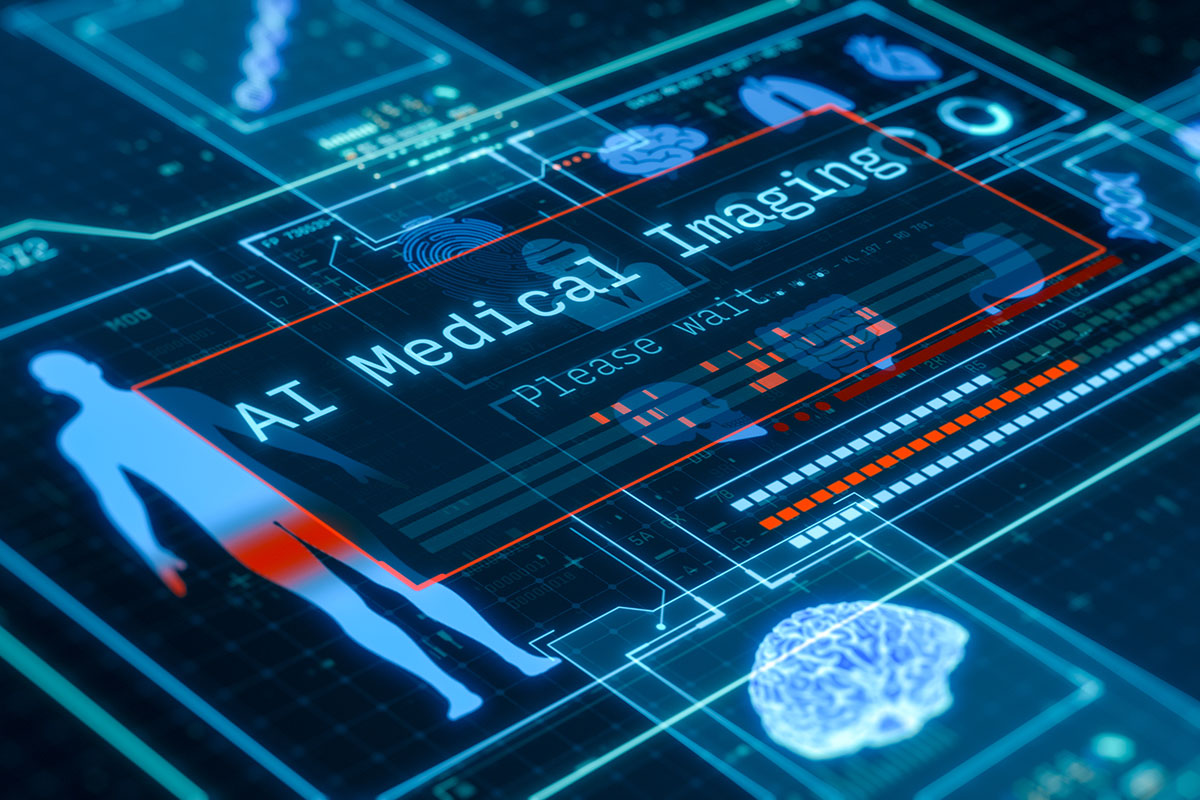 Digital interface displaying the words ‘AI Medical Imaging’ with medical scans, a human body outline, and brain graphics on a blue high-tech background, representing artificial intelligence in cancer diagnostics and the SMMILe algorithm