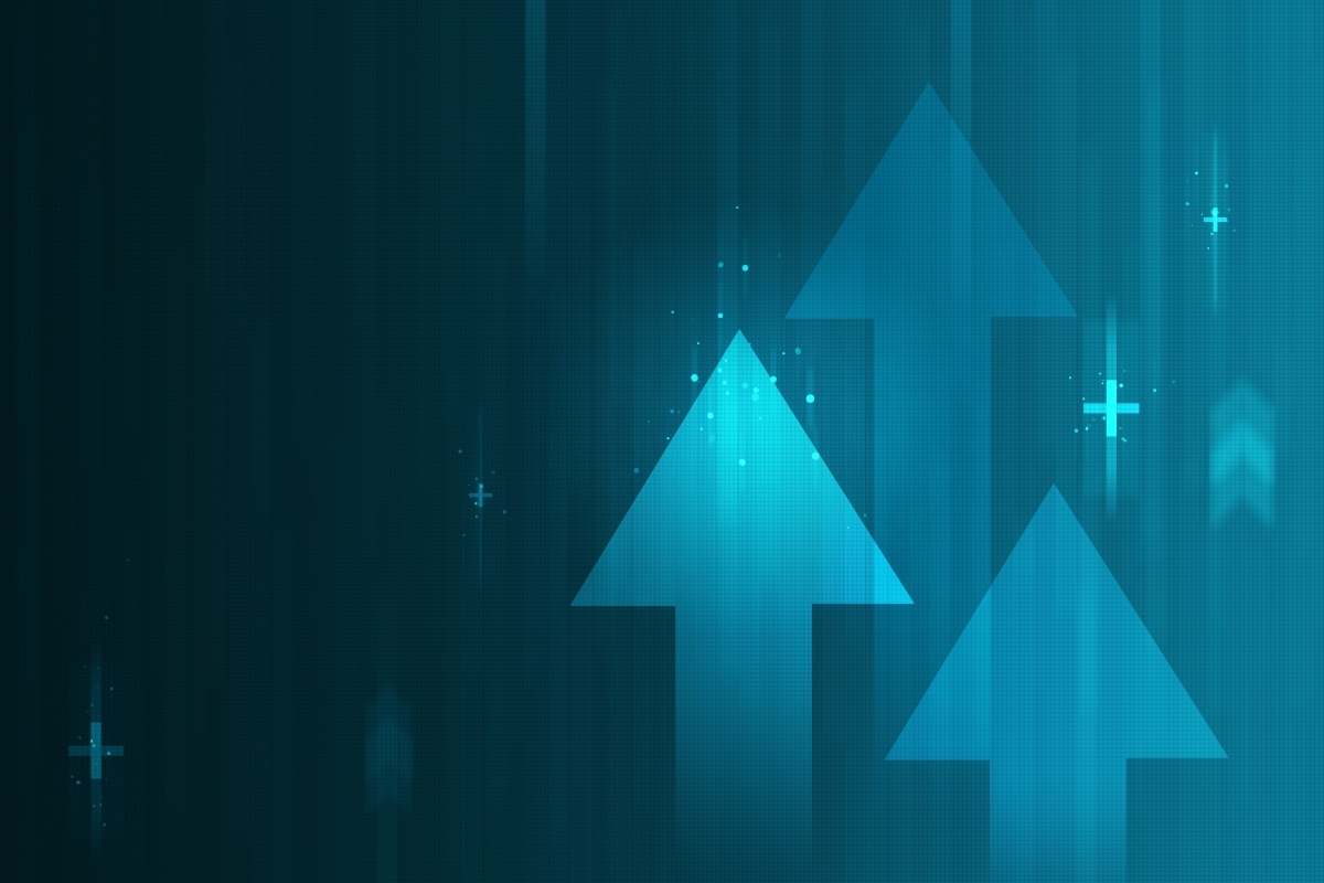 Abstract blue digital background with large translucent upward arrows and glowing plus symbols to illustrate rising cancer incidence