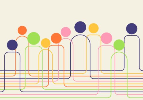 Abstract illustration of interconnected colorful human figures formed by continuous lines on a beige background symbolising the TOPPIA consortium and its work on chronic pain in inlammatory arthritis