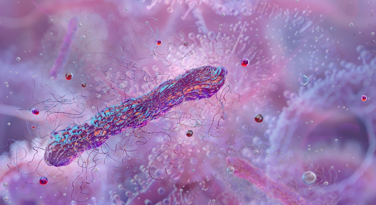 A microscopic view of a Clostridioides difficile bacteria to illustrate CDI in critically ill patients