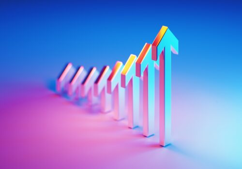3D illustration of ascending arrow-shaped bars in neon blue, pink, and yellow on a gradient background to illustrate the development of psoriatic arthritis in paediatric psoriasis