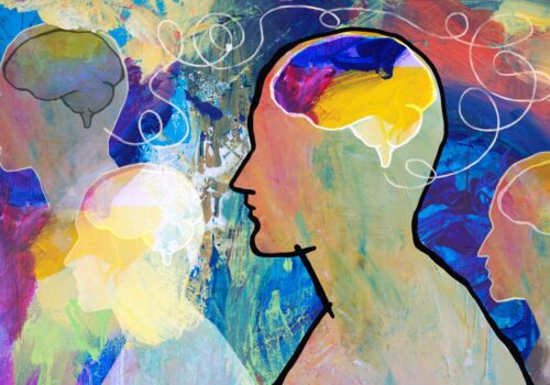 Abstract painting of multiple human silhouettes with visible brain outlines in bright colors against a textured multicolored background, symbolizing mental health, emotion, or psychological experiences to illustrate the finding that visibility is key to psychological distress in dermatological disorders such as facial acne