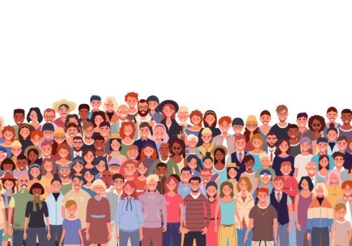 Illustration of a large, diverse crowd of people of different ages, ethnicities, and appearances standing together, representing patient groups and the need to advance age-appropriate care and HRQoL for AYAs with cancer via the EORTC QLQ-AYA30