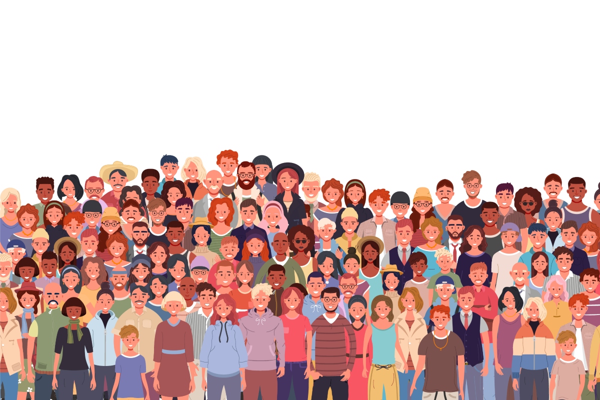 Illustration of a large, diverse crowd of people of different ages, ethnicities, and appearances standing together, representing patient groups and the need to advance age-appropriate care and HRQoL for AYAs with cancer via the EORTC QLQ-AYA30