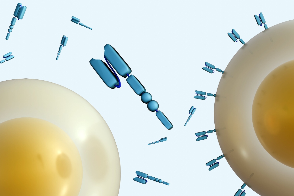 A 3D rendering of CAR-T cell with Y-shaped chimeric antigen receptors to illustrate findings presented at EULAR 2026