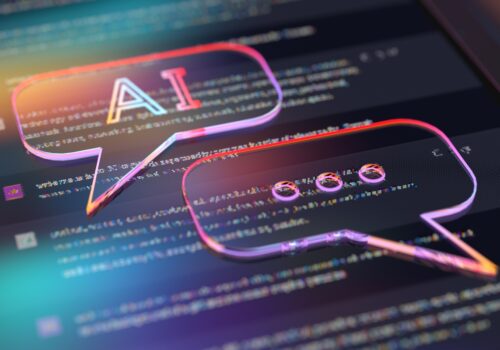 Close-up of a digital interface displaying online text conversations, overlaid with colorful speech bubbles including one labeled ‘AI,’ symbolising artificial intelligence, digital communication, and AI-powered online platforms presented at EULAR 2026