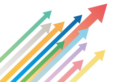 Multiple colorful arrows of varying sizes pointing upward across a light gray background, with the largest red arrow leading the group to illustrate obesity emerging as a major contributor to rising cancer rates in under-50s