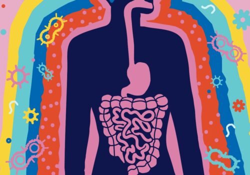 Colourful illustration of the human digestive system within a body silhouette, surrounded by cartoon-like bacteria and microbes, symbolising the gut microbiome, digestive health, and interactions between the microbiota and RMDs with tips from EULAR
