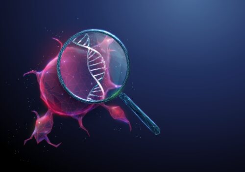 Digital illustration of a magnifying glass enlarging a DNA double helix inside a glowing polygonal cancer cell on a dark blue background, symbolising circulating tumour DNA (ctDNA) outperforming conventional biomarkers for melanoma