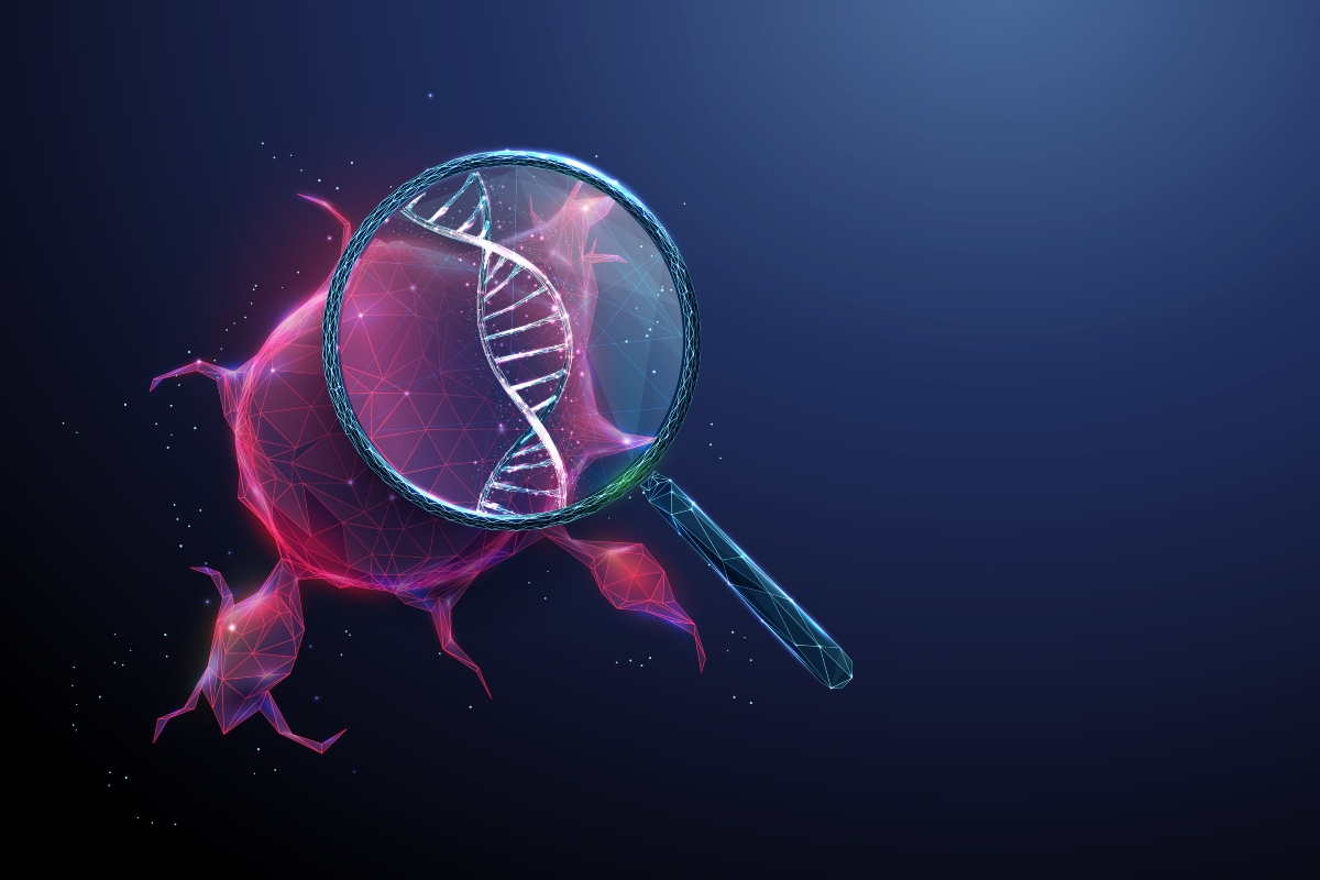 Digital illustration of a magnifying glass enlarging a DNA double helix inside a glowing polygonal cancer cell on a dark blue background, symbolising circulating tumour DNA (ctDNA) outperforming conventional biomarkers for melanoma